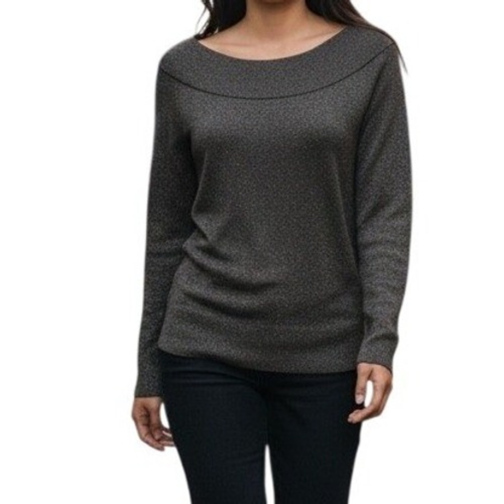 🆕 WHITE HOUSE BLACK MARKET Lightweight  Gray Metallic Boatneck Sweater EUC XS‎